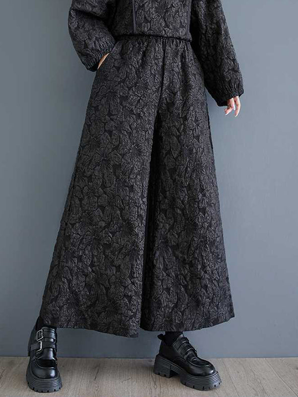 Edles schwarzes Jacquard-Set mit Raglanärmeln, Rundhalsausschnitt und weiten Hosenbeinen, Taschen in der Taille und Gummizug im Hosenbund WS014