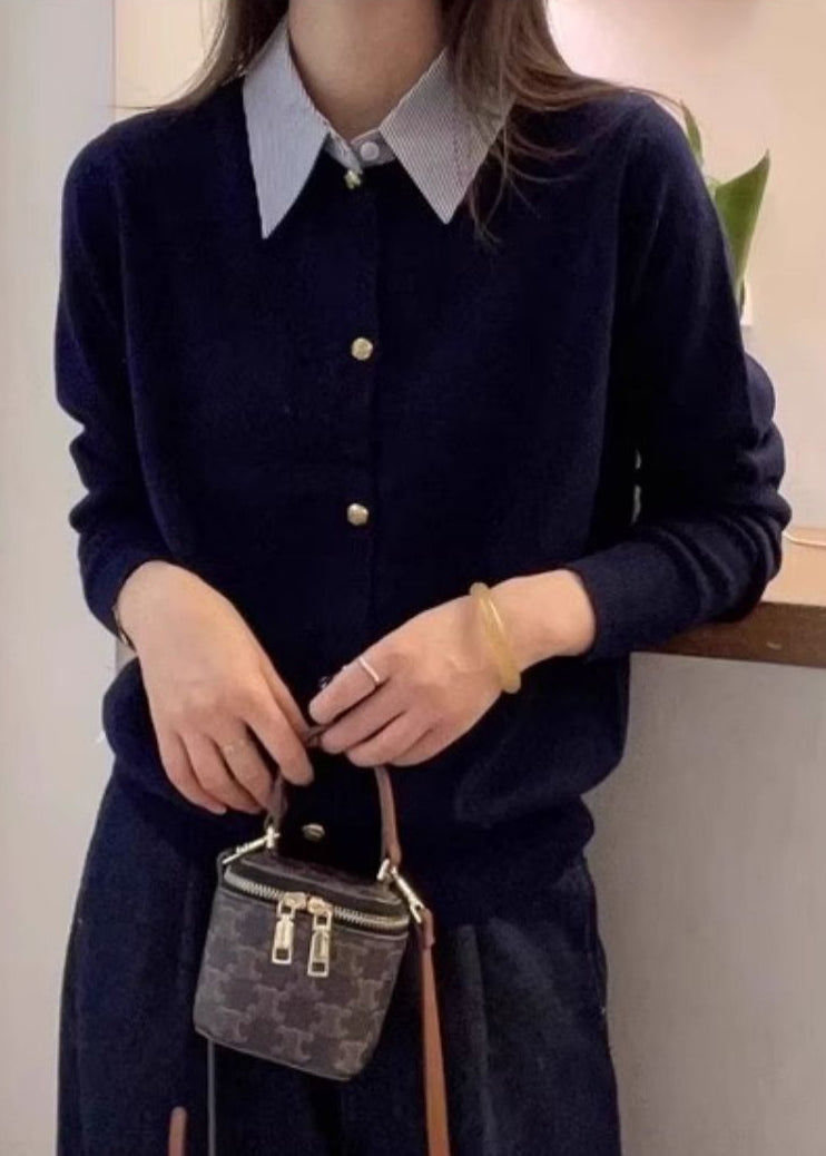 Französisches schwarzes Peter-Pan-Kragen-Knopf-Patchwork-Stricktop Herbst QX002