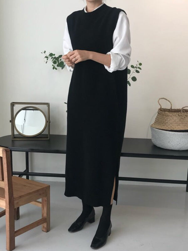 Urban Schwarzes ärmelloses Strickkleid mit Rundhalsausschnitt QX017