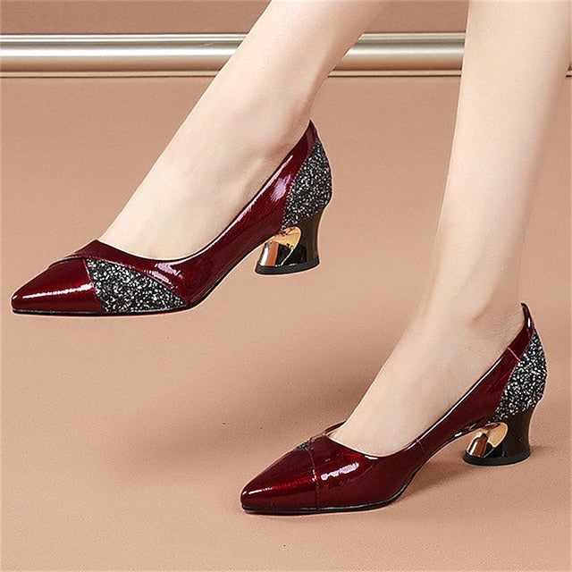 Patent Women's Heels Block Leather Faux Glitter-Accented