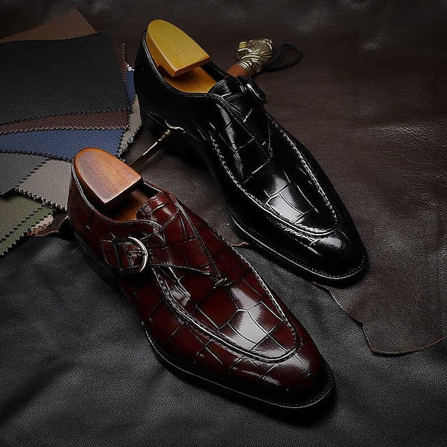 Leather Crocodile Monk Men's Pattern Burgundy Faux Strap