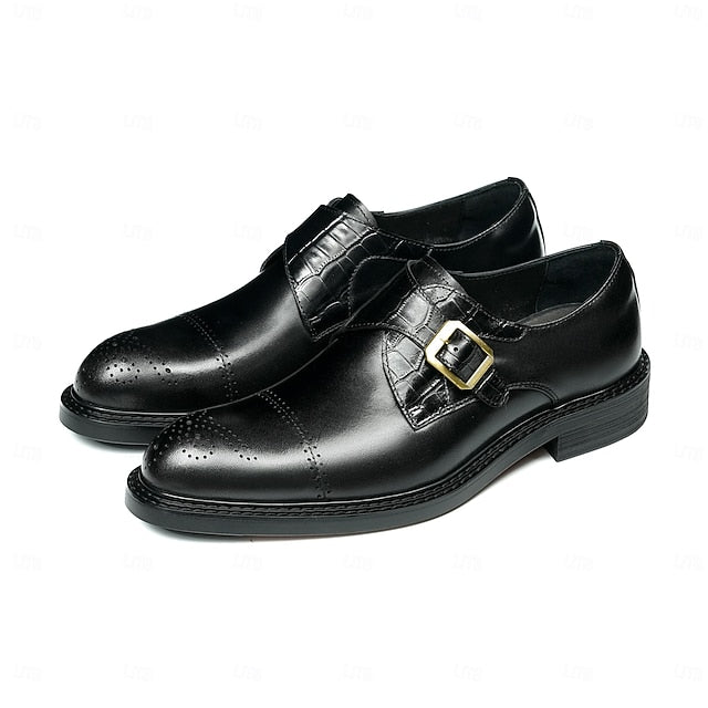 Genuine Leather Strap Black First Dress Monk Men's Shoes-