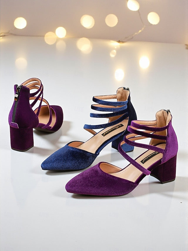 Blue Toe Velvet Pointed with Heel Pumps Block Women's