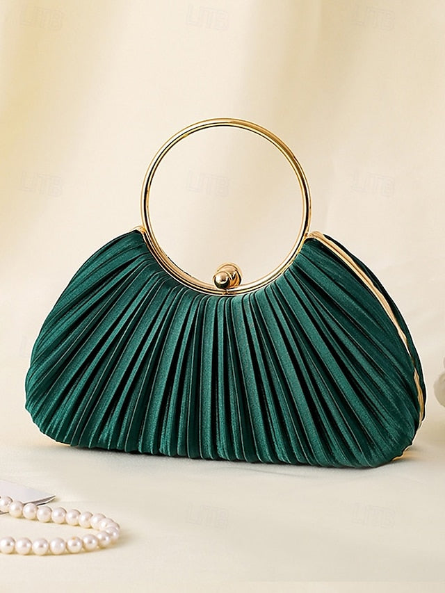 with - Elegant Handle Clutch Ring Green Gold Pleated Velvet