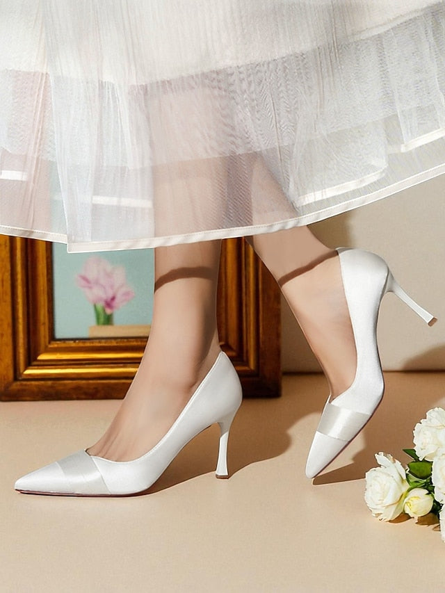 Women's Toe Pumps Dress Pointed Heel Satin - High Champagne