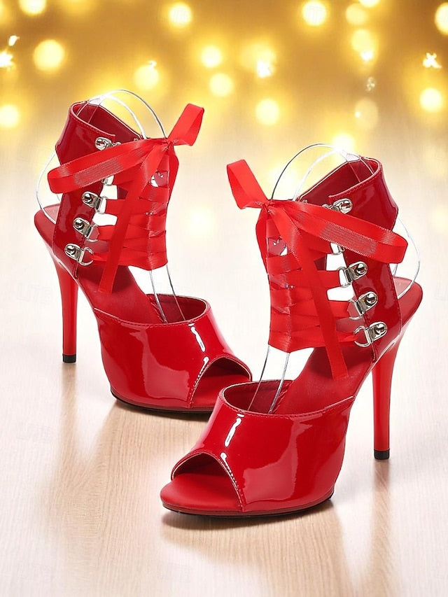 Black Patent Lace-Up Cutout Women's Sandals Sexy Stiletto -