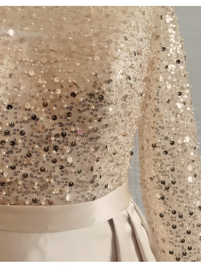 Evening Long Dress Gown Mermaid RuchedSatin Sleeves Sequin