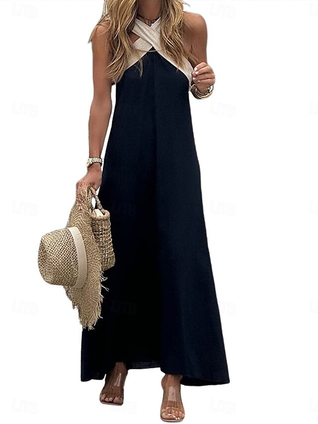 Women's Black White Summer Spring Maxi Dress Cotton Blend
