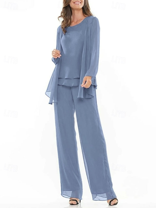 Piece Pantsuit Elegant of Crew Bride Mother 3 the Dress Neck