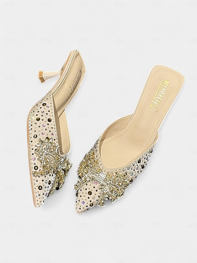 Slip-On Pointed Rhinestone Mules - Glitter Toe Women's