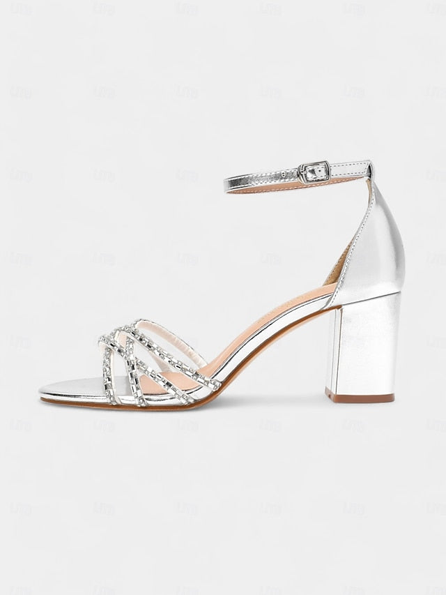 Metallic Rhinestone Block Strappy with Heel Silver Sandals