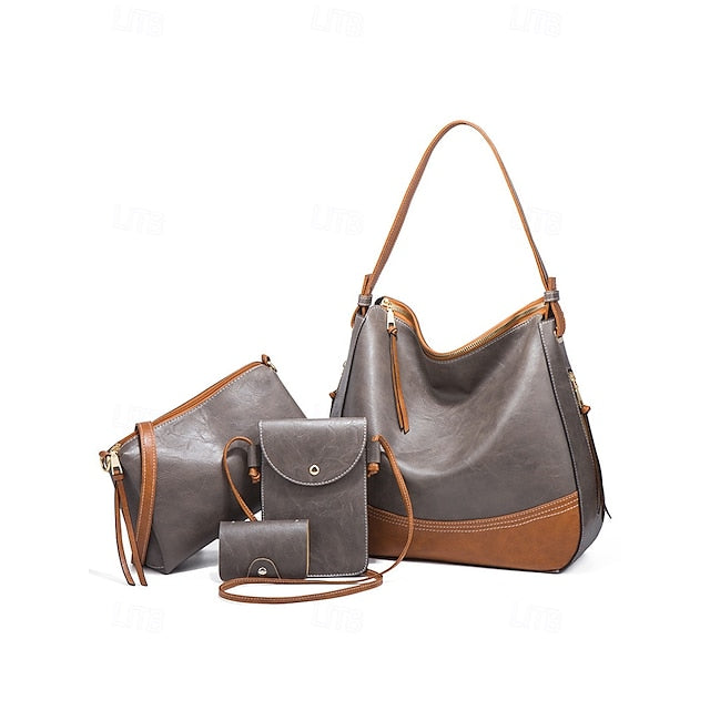 Faux Leather Shoulder 4-Piece Handbag Bag Women's – Set