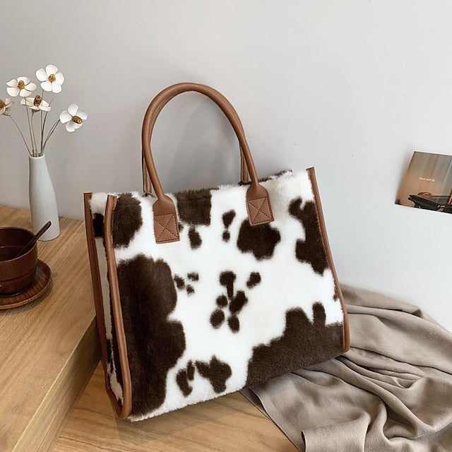 Tote Bag with Leather Faux Leopard Print Brown Women's Fur