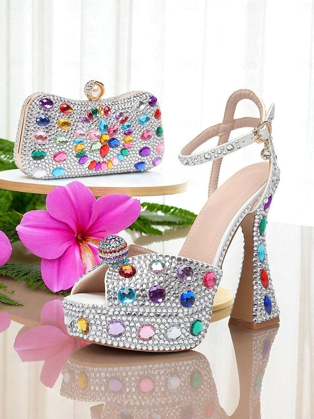 Heel Women's High with Rhinestone Platform Matching Sandals