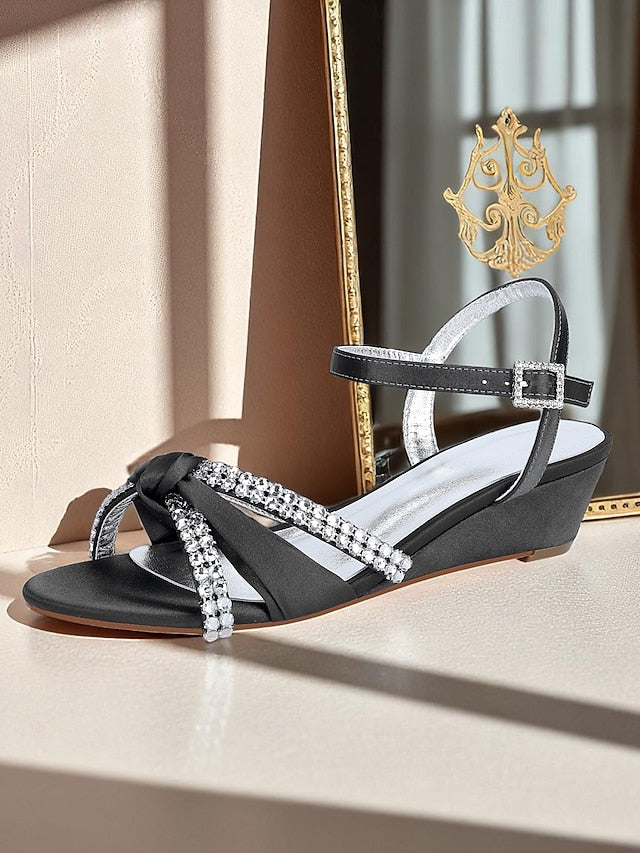 Sandals - Satin Wedge Rhinestone Dress Knot Green Women's