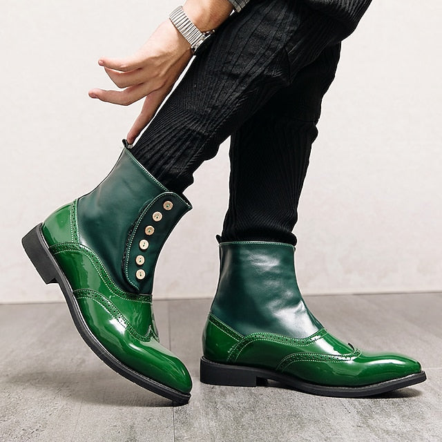 Wingtip Leather Button Vintage Stylish Green Boots - Men's