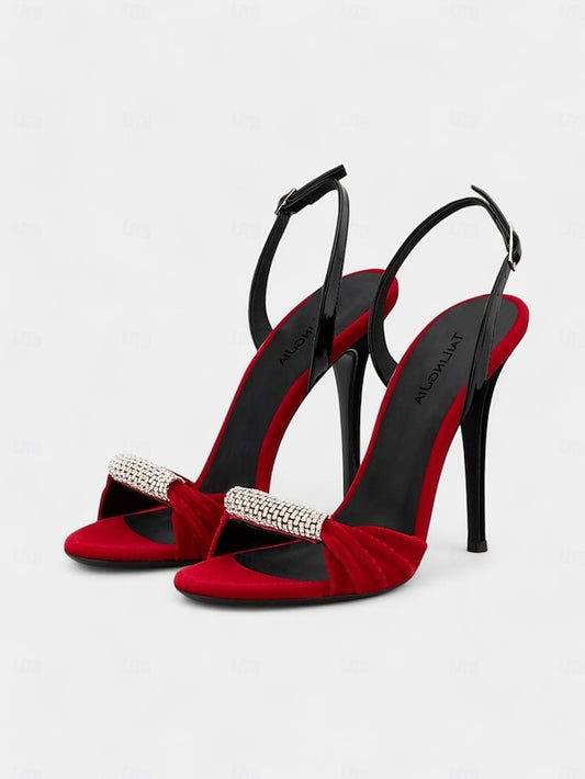 Velvet Accent Red Stiletto Bold with – Heels Rhinestone