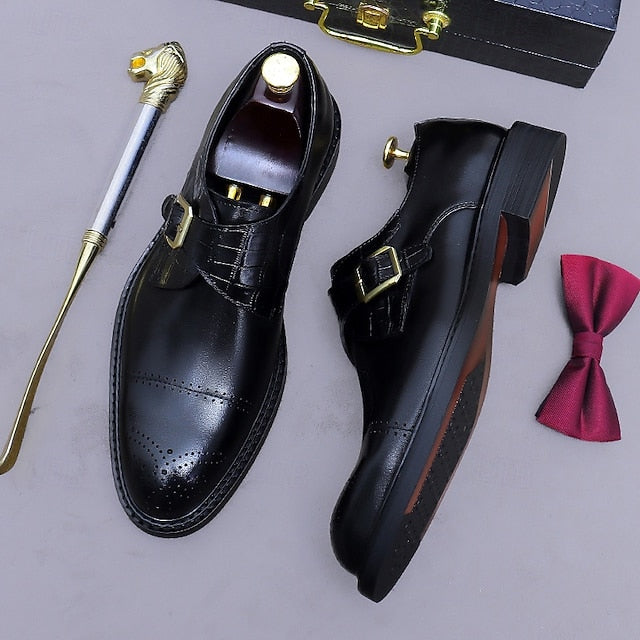 Genuine Leather Strap Black First Dress Monk Men's Shoes-