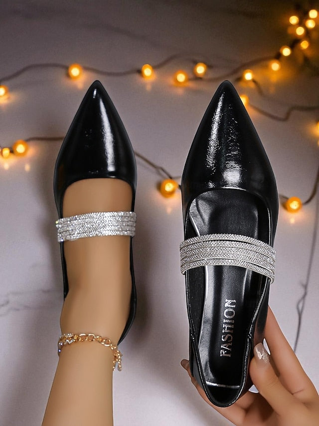 Women's Black Flats Patent Toe Elegant Pointed - Leather