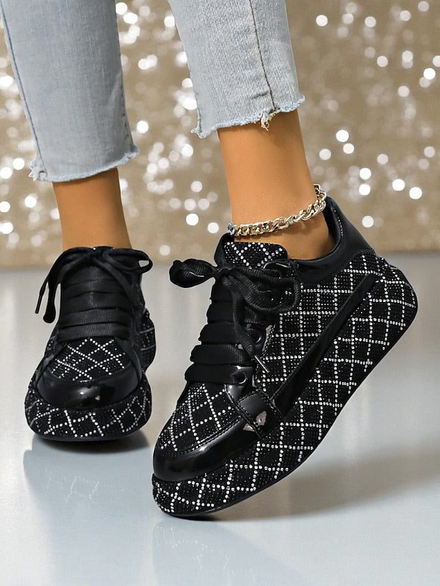Quilted and Rhinestone Black Sneakers - Women's Silver