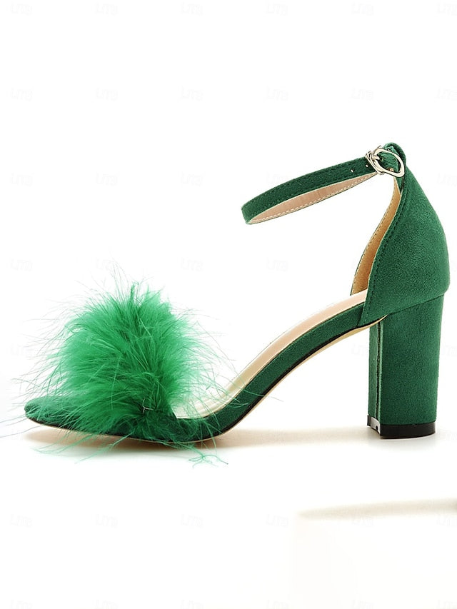 Feather-Embellished – Wedding Heel Block Sandals Women for