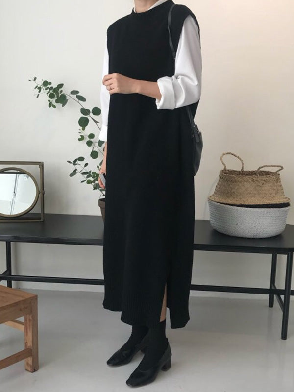 Urban Schwarzes ärmelloses Strickkleid mit Rundhalsausschnitt QX017