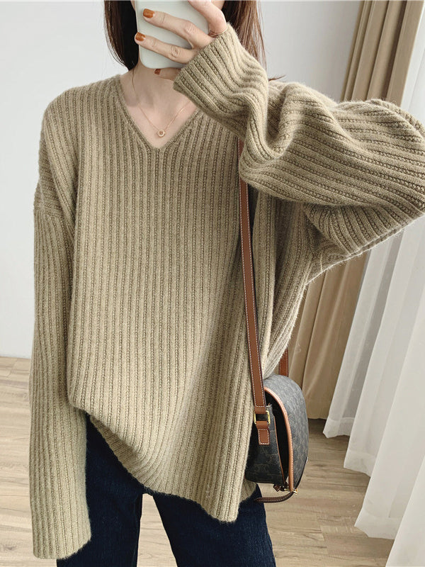Vintage Karamell V-Ausschnitt Langarm Gestreifter Strickpullover QX001