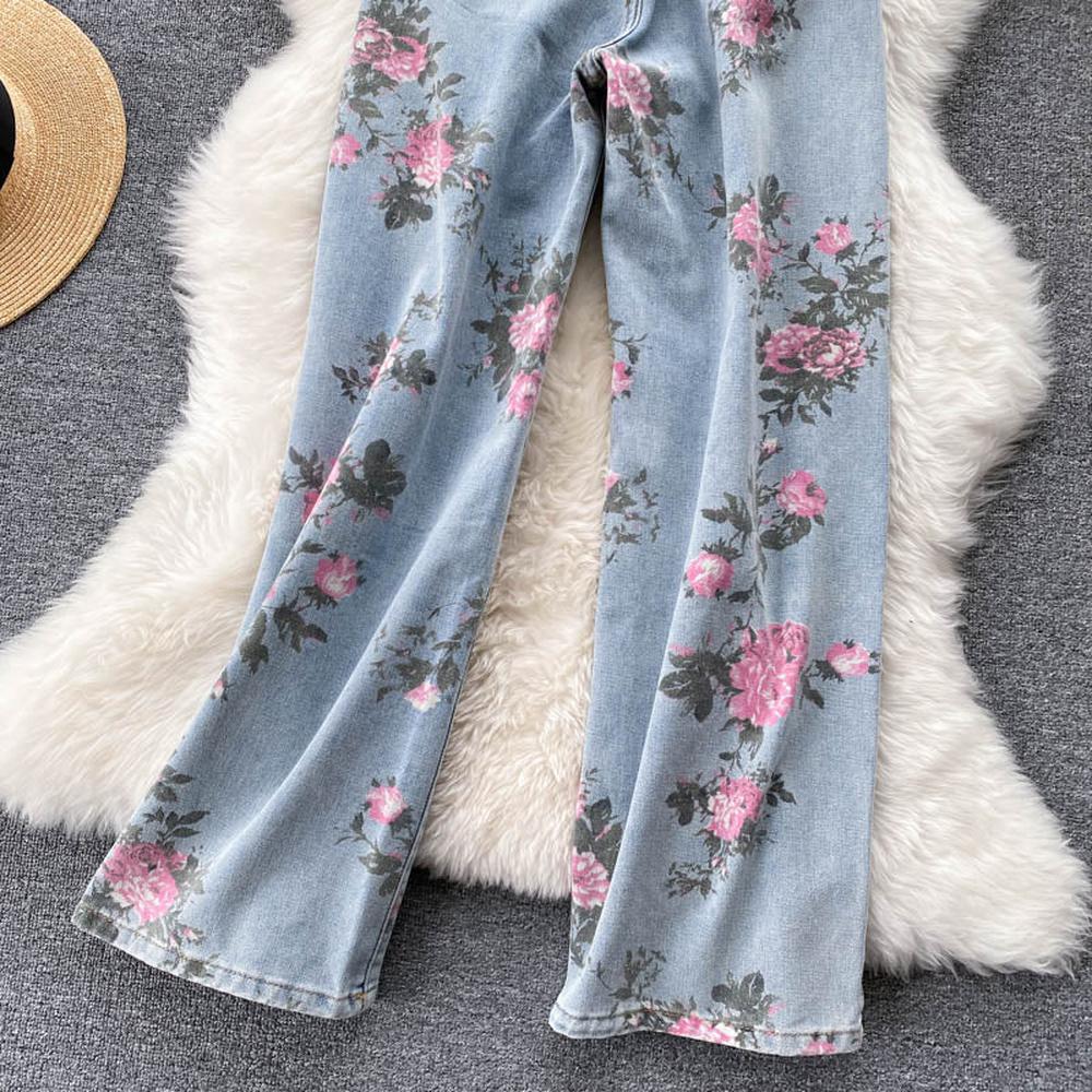 Damen Jeanshose mit weitem Bein und Rosen-Print, Blau AR1016