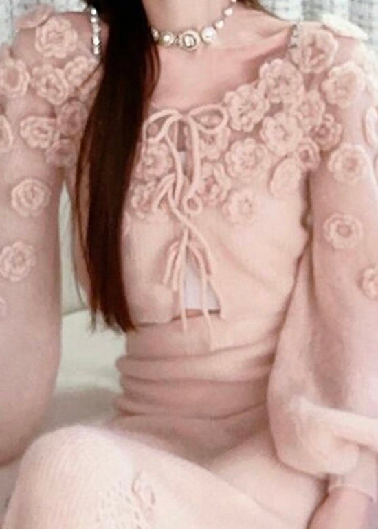 Magnifiques pulls en tricot à lacets et motif floral rose pour l'automne RY014