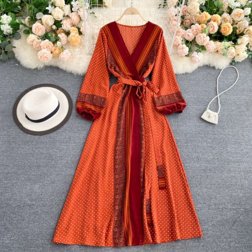 Robe vintage marron à col en V et manches longues bouffantes imprimées à la taille AR1003