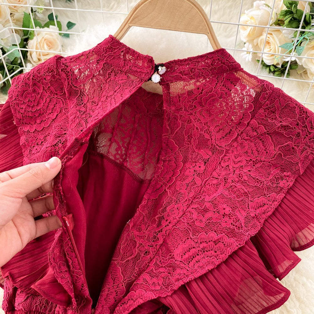 Robe à volants en dentelle olive avec ourlet plissé et manches volantées AR1002