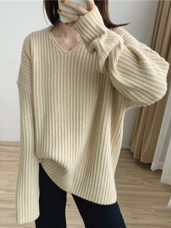 Vintage Karamell V-Ausschnitt Langarm Gestreifter Strickpullover QX001