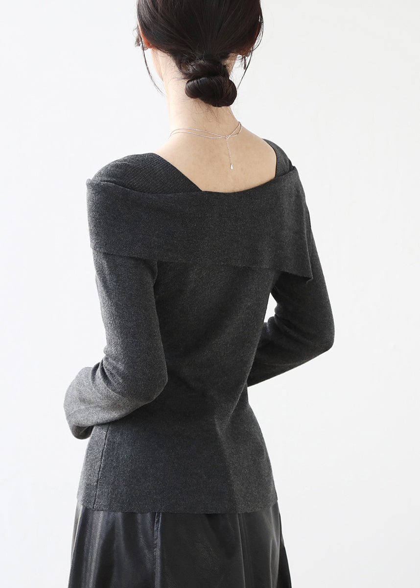 Pull en maille slim gris français à col bateau et patchwork, hiver RV031
