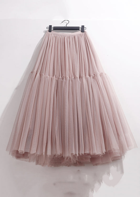 Jupe taille haute en tulle patchwork ample plissée d'été rose