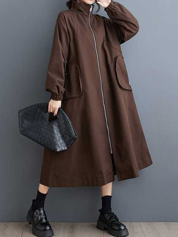 Trench-coat rétro kaki à col montant, poches zippées et manches longues TW005