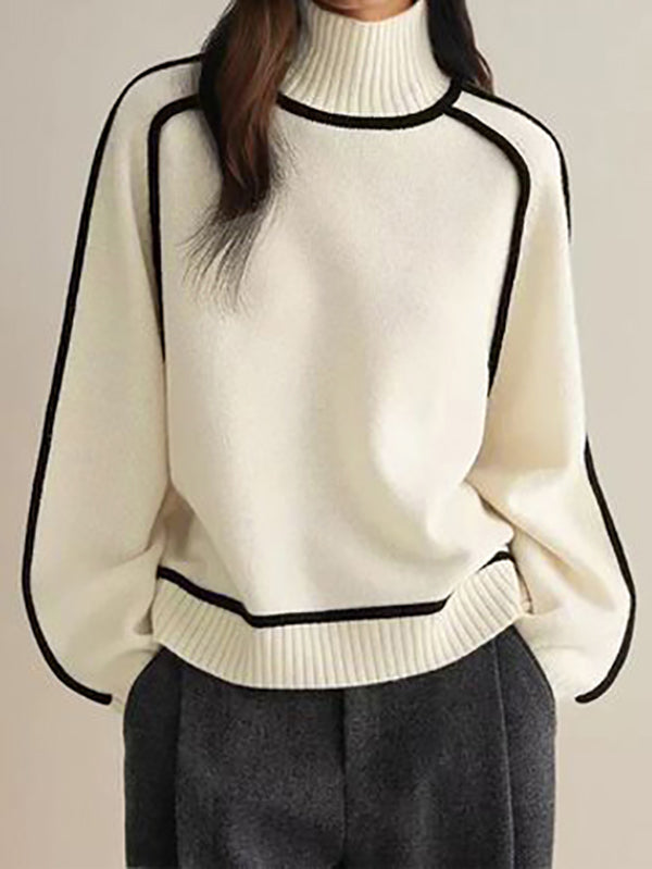 Original weißer Pullover mit hohem Kragen und langen Ärmeln in Kontrastfarbe TW012