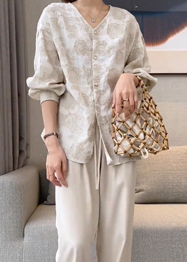 Hals Baumwolle Frühling Aprikose Knopf Jacquard V Casual Shirts