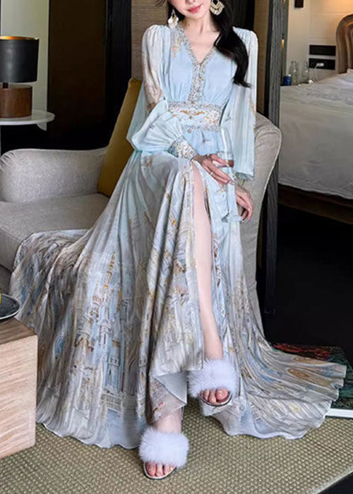 Robe longue en mousseline imprimée, taille bleue, élégante, col en V, printemps