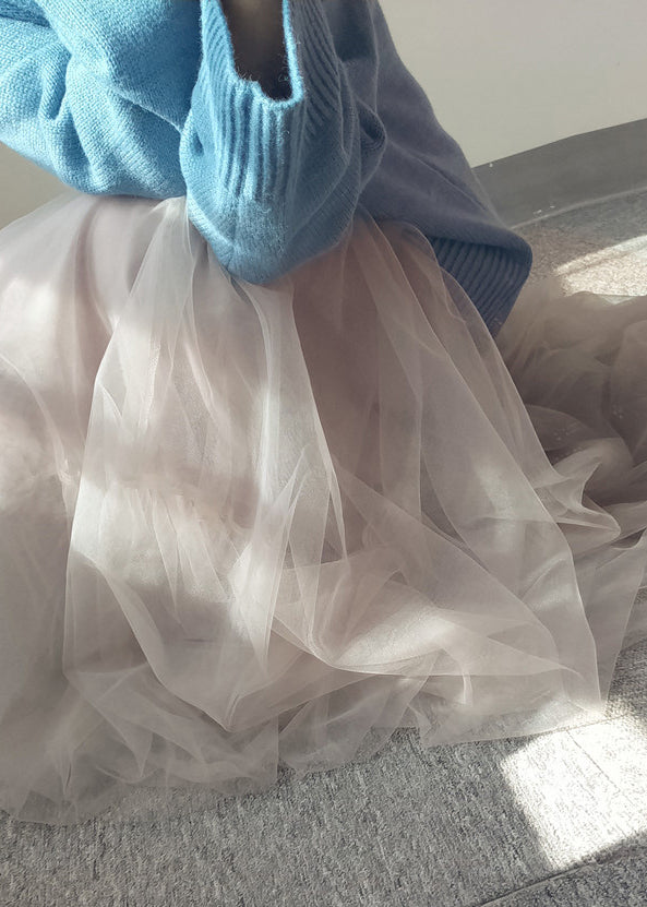 Skirts Italian A Waist Line White Patchwork Tulle Elastic