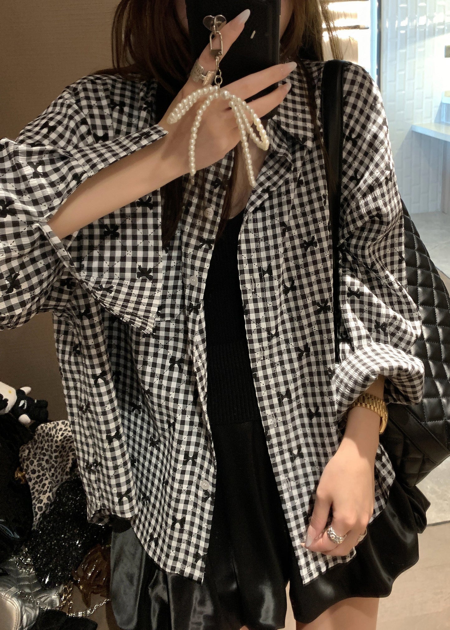 Urban Blue Plaid Stehkragen Knopf Baumwolle Blusen Frühling NN019