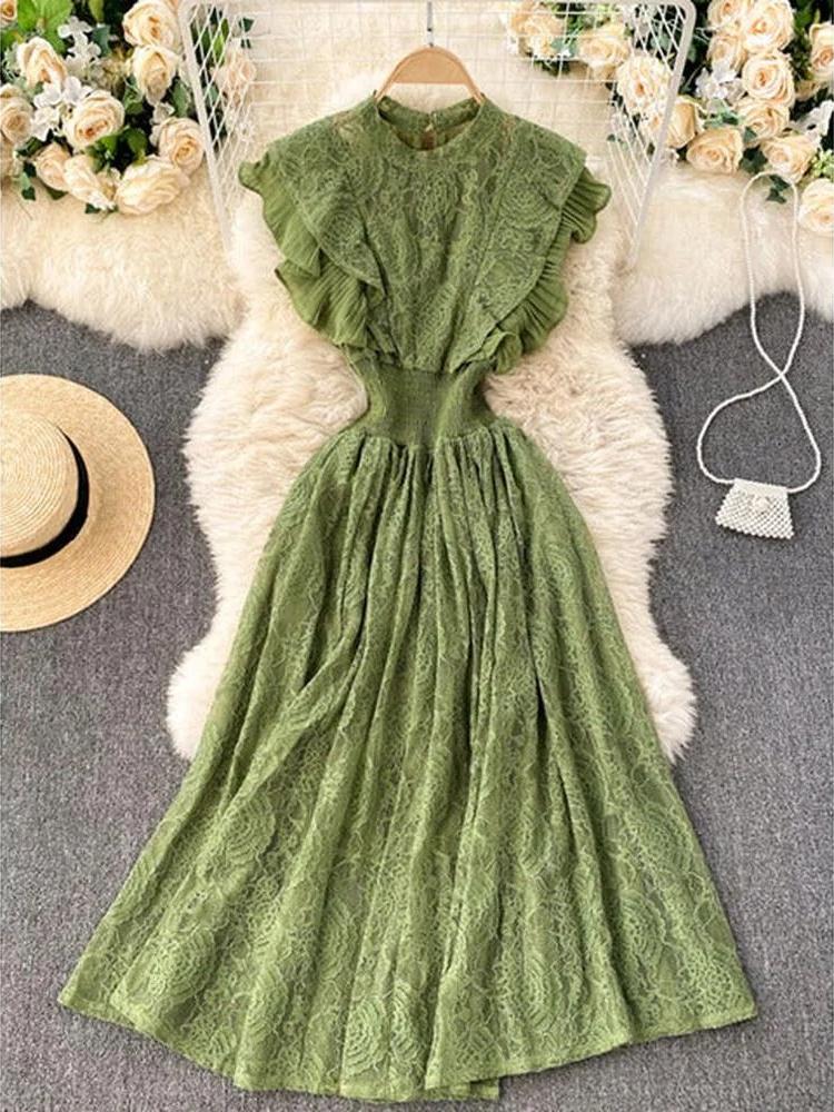 Robe à volants en dentelle olive avec ourlet plissé et manches volantées AR1002