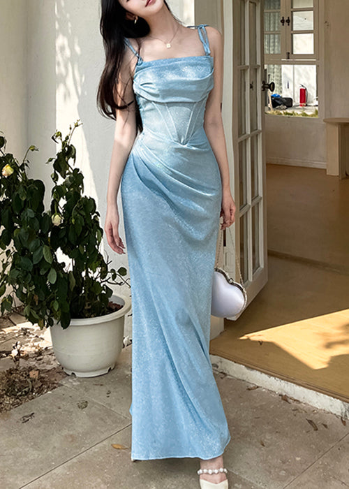 Spaghettiträger-Dinnerkleid im Original-Blau mit Falten
