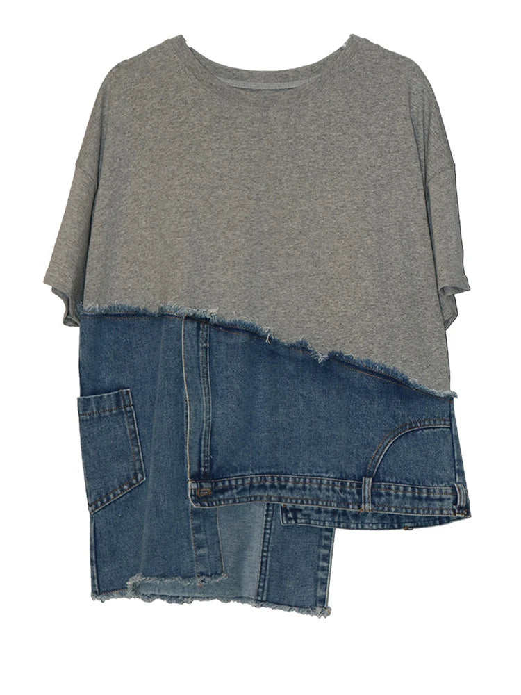 T-shirt court blanc à manches patchwork et ourlet rond en denim Street