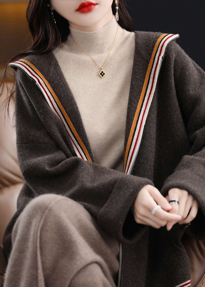 Cardigan à capuche en laine beige zippé et confortable, style patchwork, hiver WV020