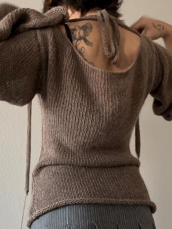 Pull vintage marron à col rond et manches longues en cloche avec lacets croisés dans le dos AN1039