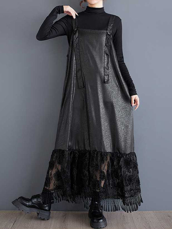 Elegantes schwarzes Hosenträgerkleid mit quadratischem Kragen und Jacquard-Patchwork-Spitze und gerüschtem Saum TW010