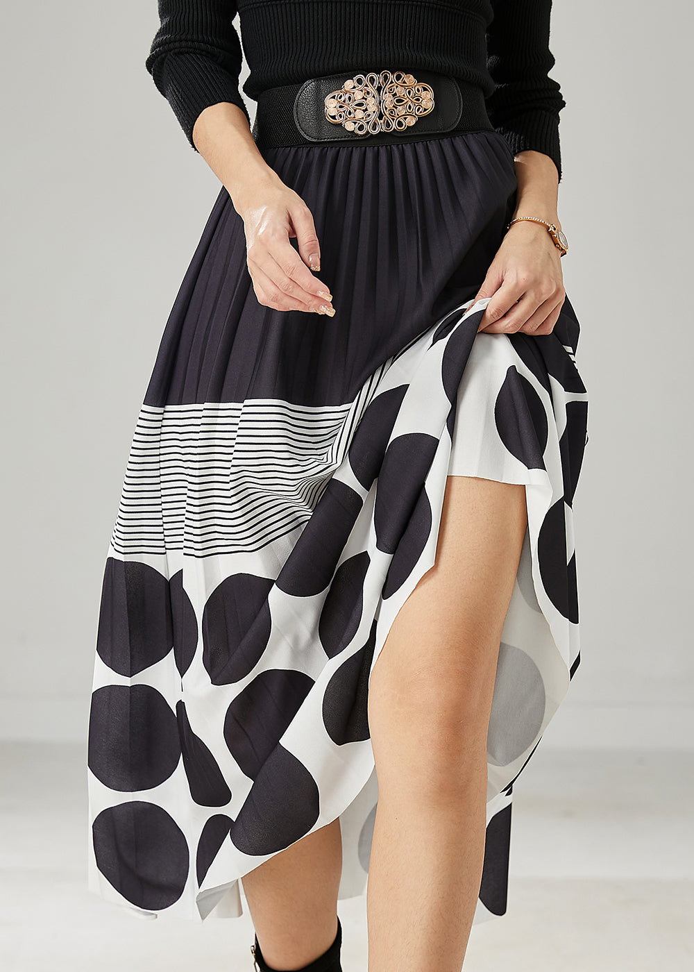 Jupe trapèze en coton imprimé noir pour femme Printemps AZ1031
