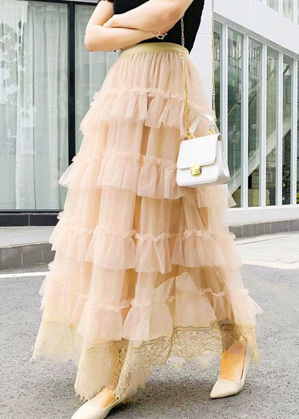 Jupes en tulle patchwork en dentelle froissée abricot mignonnes printemps AZ1021
