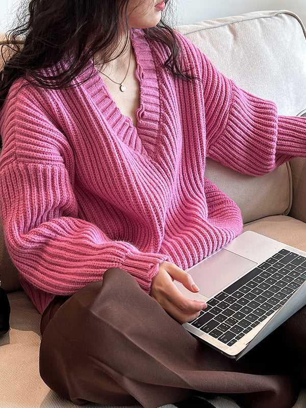 Pull en tricot à manches longues et col en V Urban Fuchsia AN1046