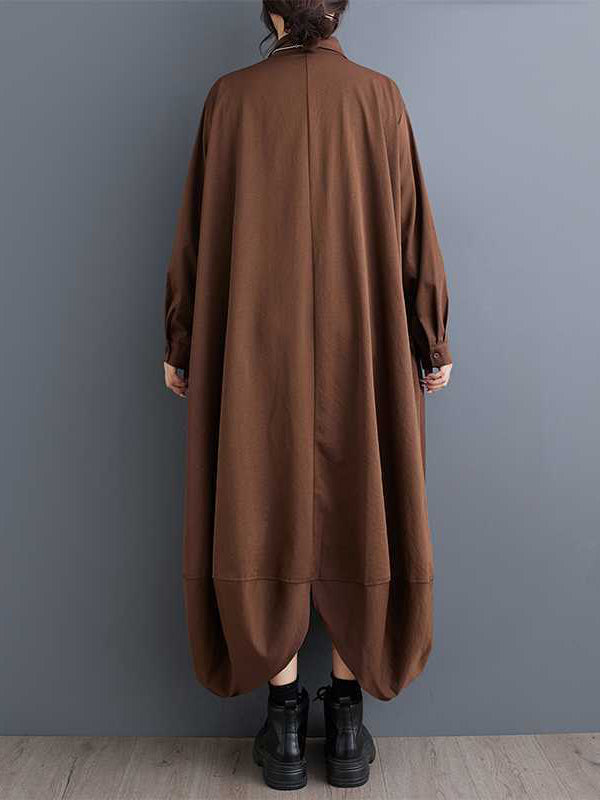 Stilvolles schwarzes A-Linien-Hemdkleid mit Revers, geknöpften Taschen, Blütenblattsaum und langen Ärmeln TW015